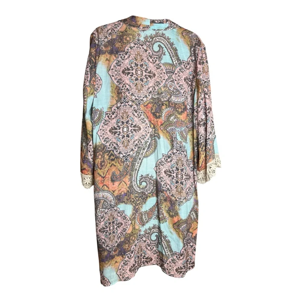 Spense Women’s Paisley Multicolor Boho Lace Trimmed Sleeves Accents Kimono SZ XL - Picture 5 of 11
